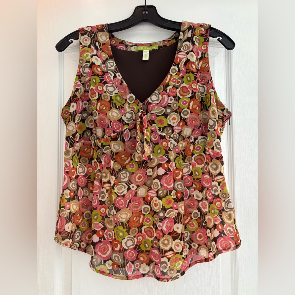 Sigrid Olsen Floral V-Neck Blouse - Pink, Green, Brown